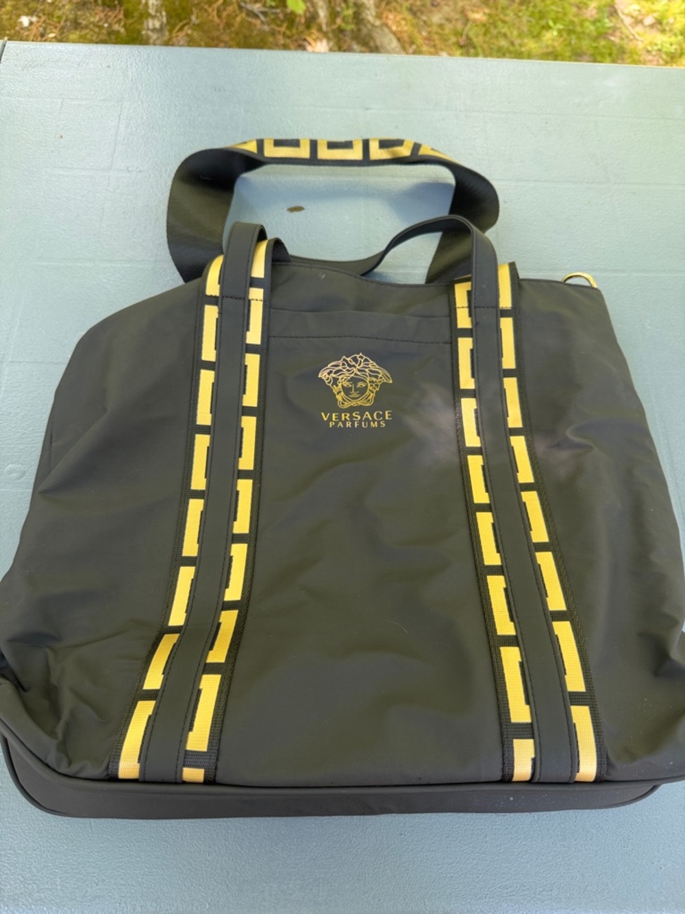 Versace Parfums Black Messenger Bag with Yellow Accents